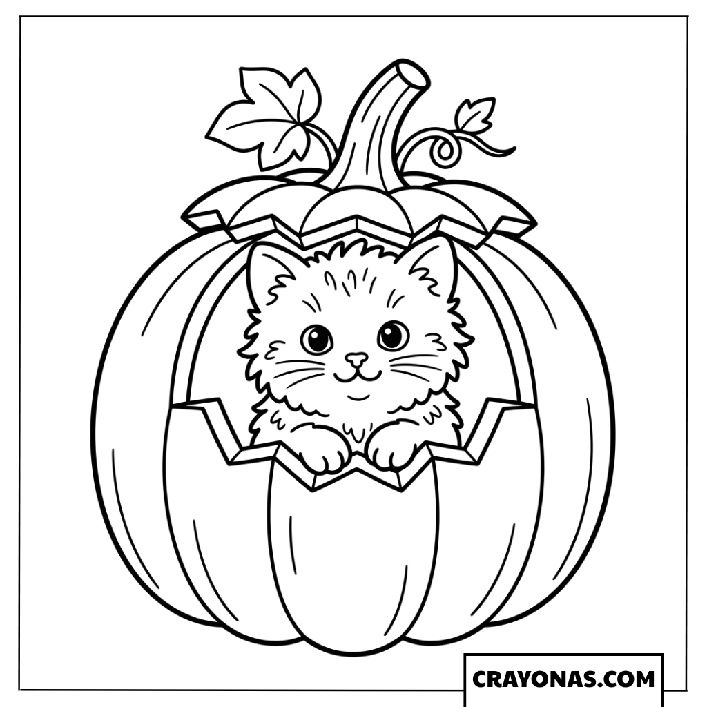 Cute Kitten in Pumpkin Coloring Page
