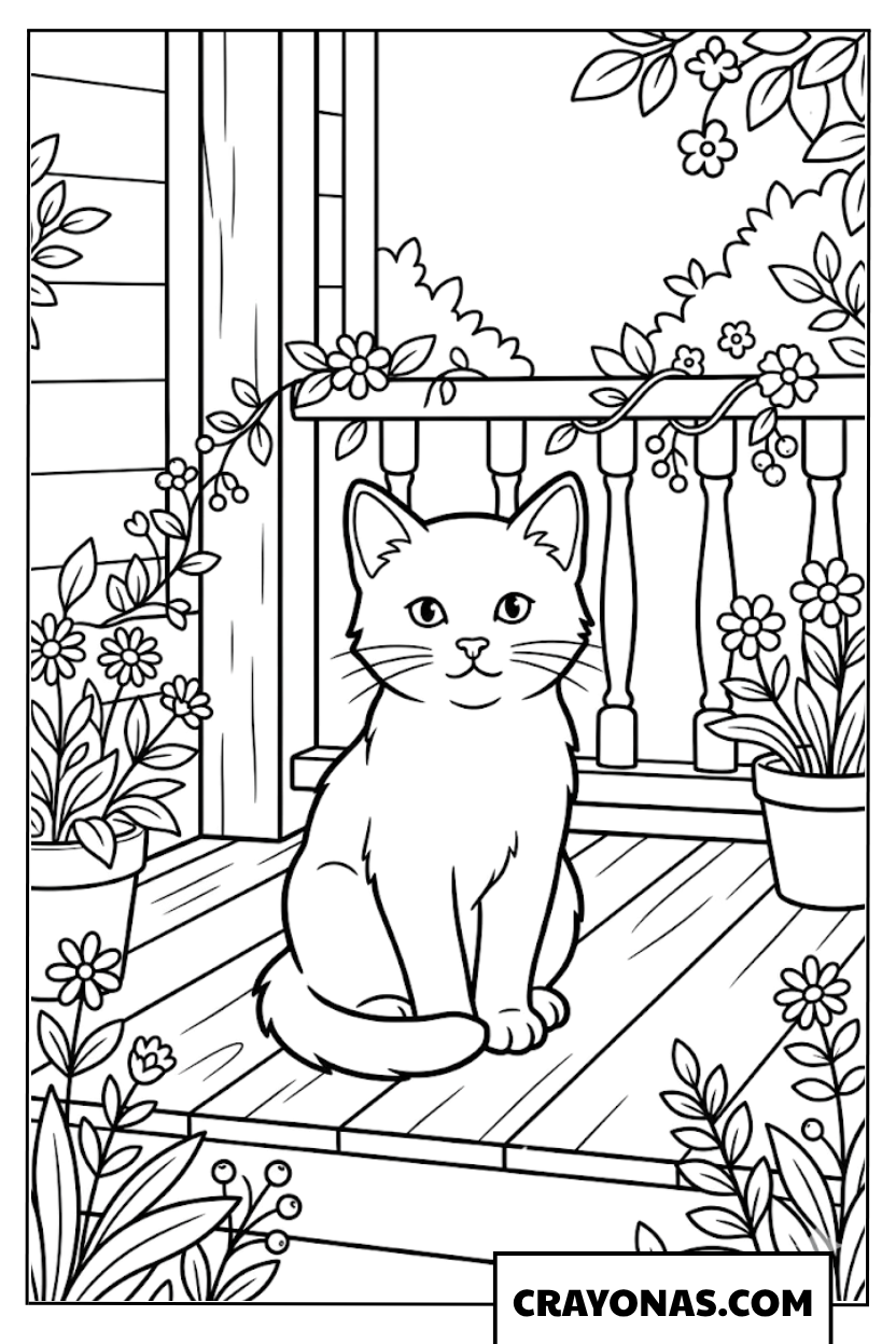 Cute Kitten on Porch Coloring Page