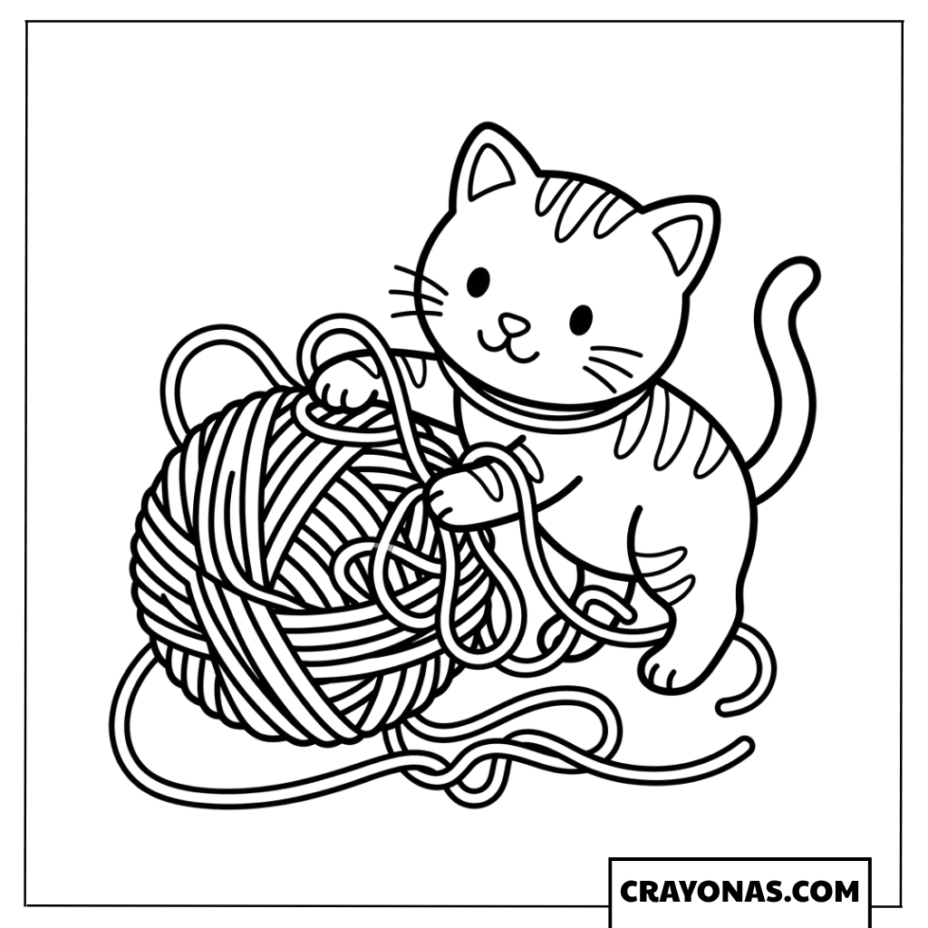 Cute Kitten with Yarn Ball Coloring Page