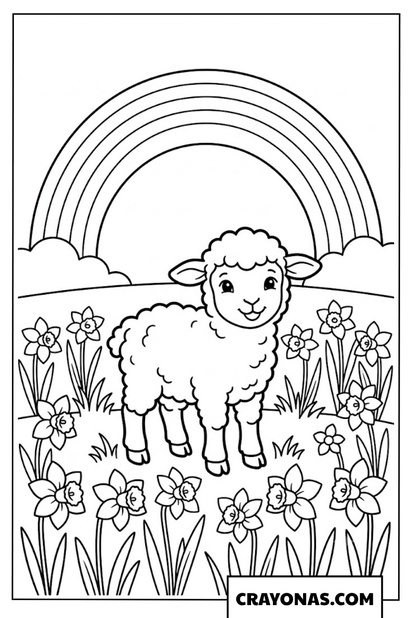Cute Lamb Under Rainbow Coloring Page