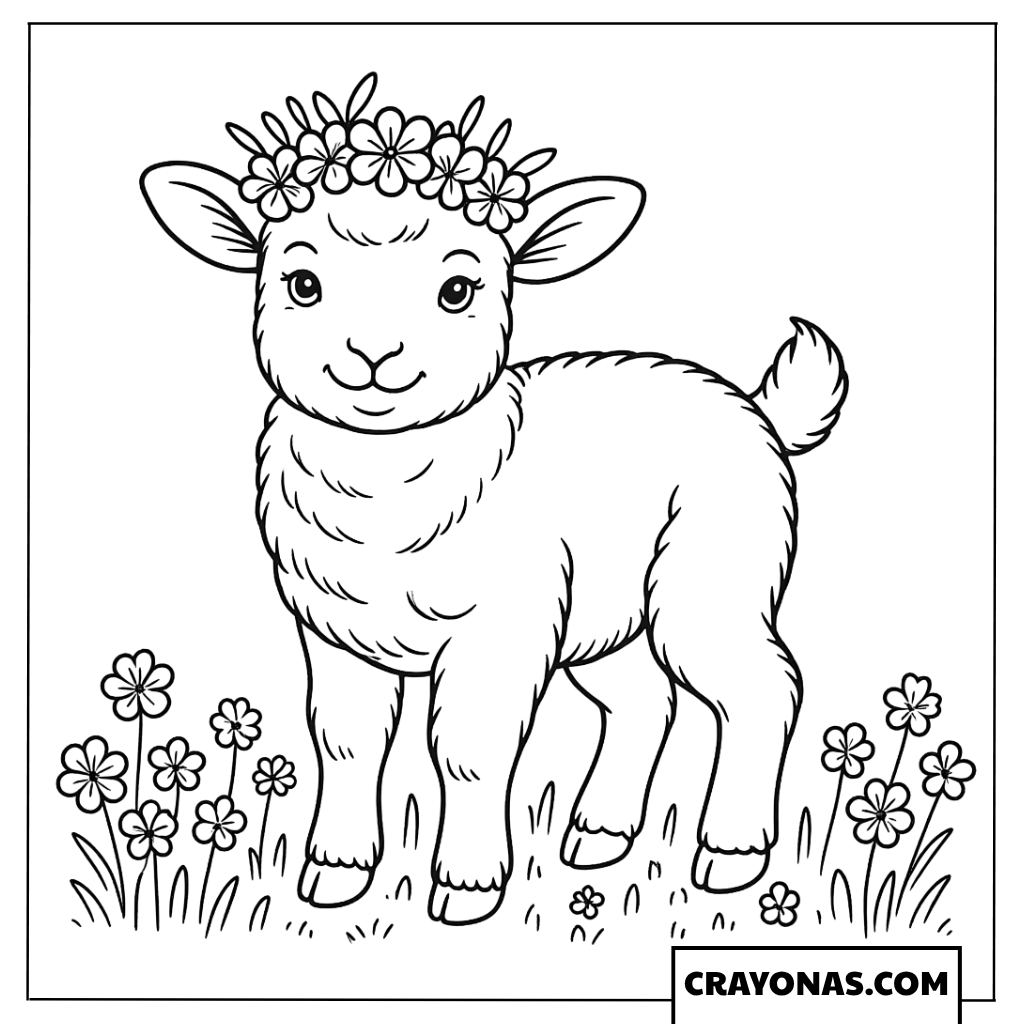 Cute Lamb with Flower Crown Coloring Page