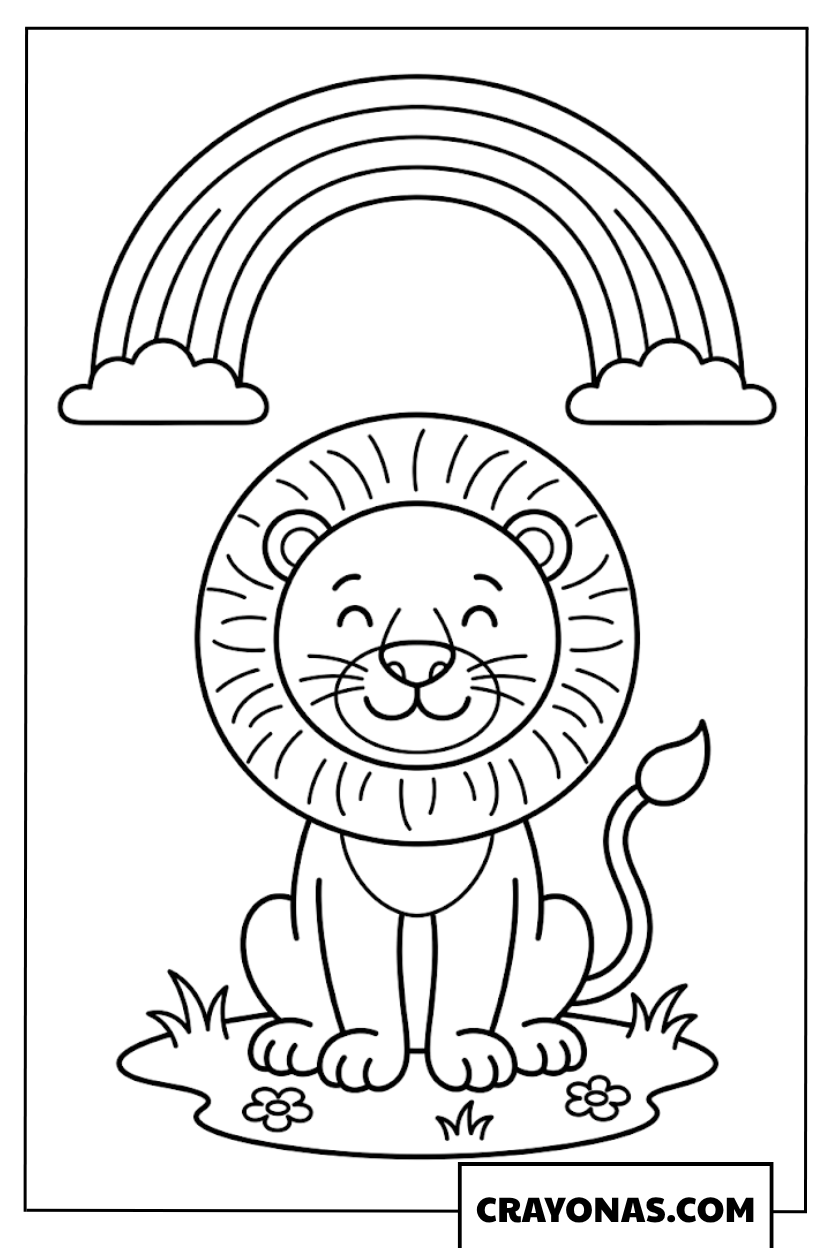 Cute Lion under Rainbow Coloring Page