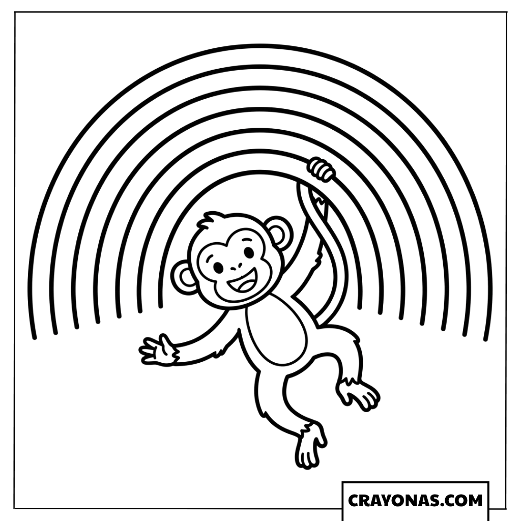 Cute Monkey Swinging on Rainbow Coloring Page