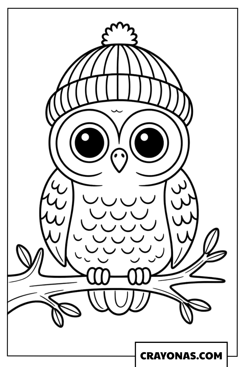 Cute Owl Wearing Beanie on Branch Coloring Page