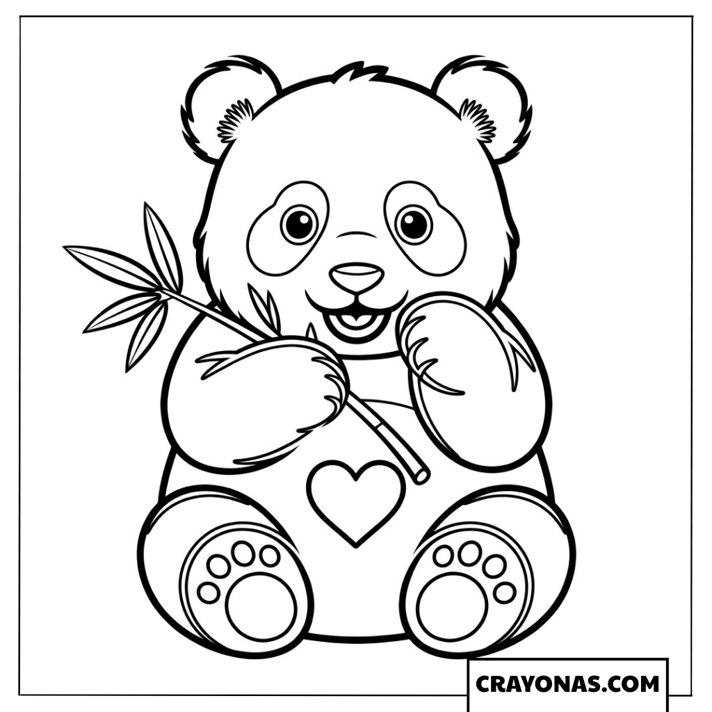 Cute Panda with Bamboo and Heart Coloring Page