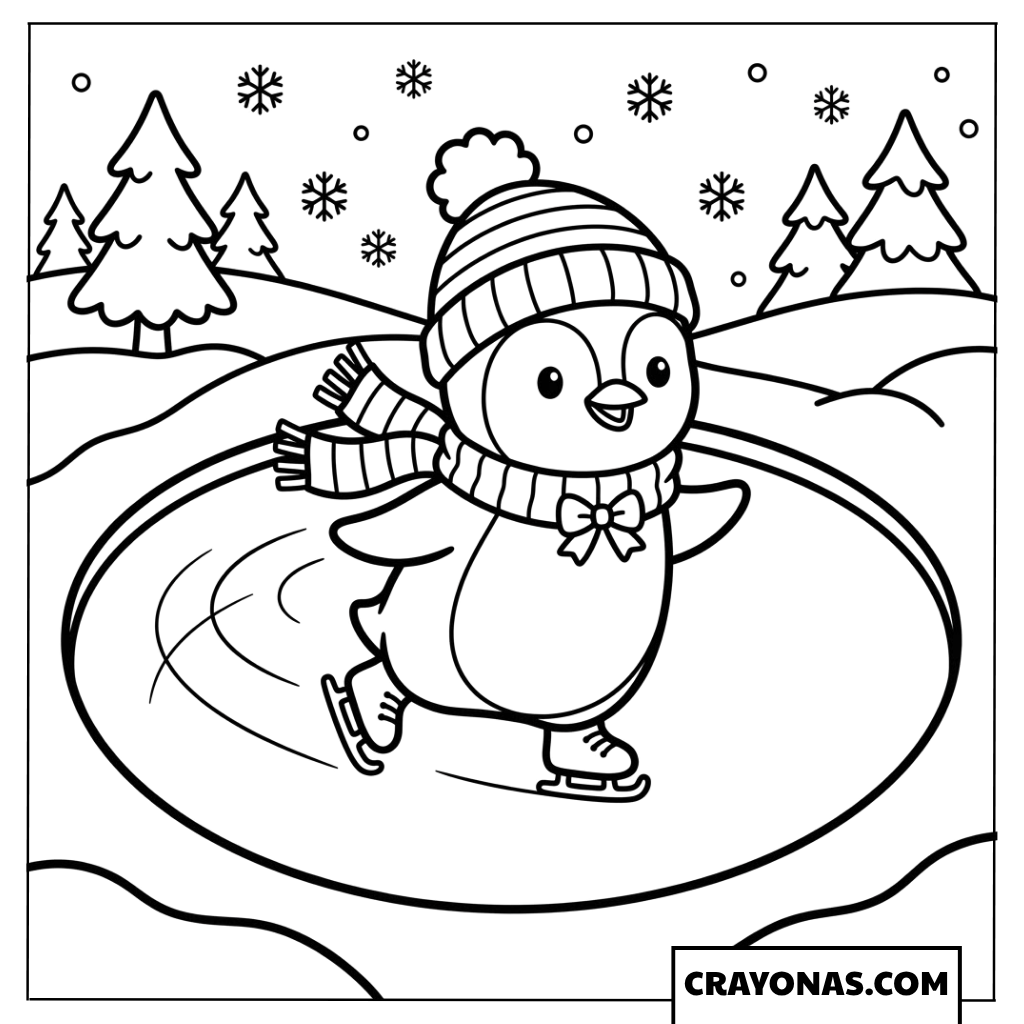 Cute Penguin Ice Skating Coloring Page