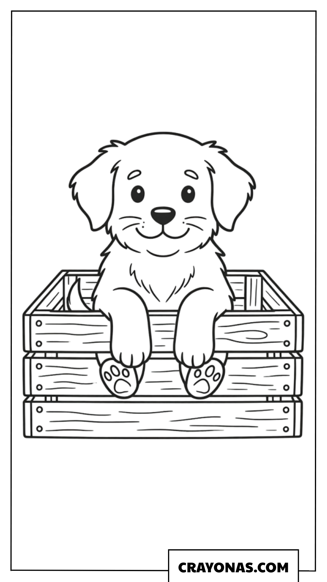 Cute Puppy in Wooden Crate Coloring Page