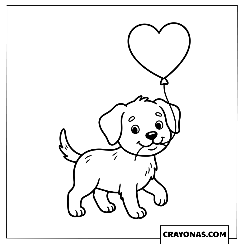 Cute Puppy with Heart Balloon Coloring Page