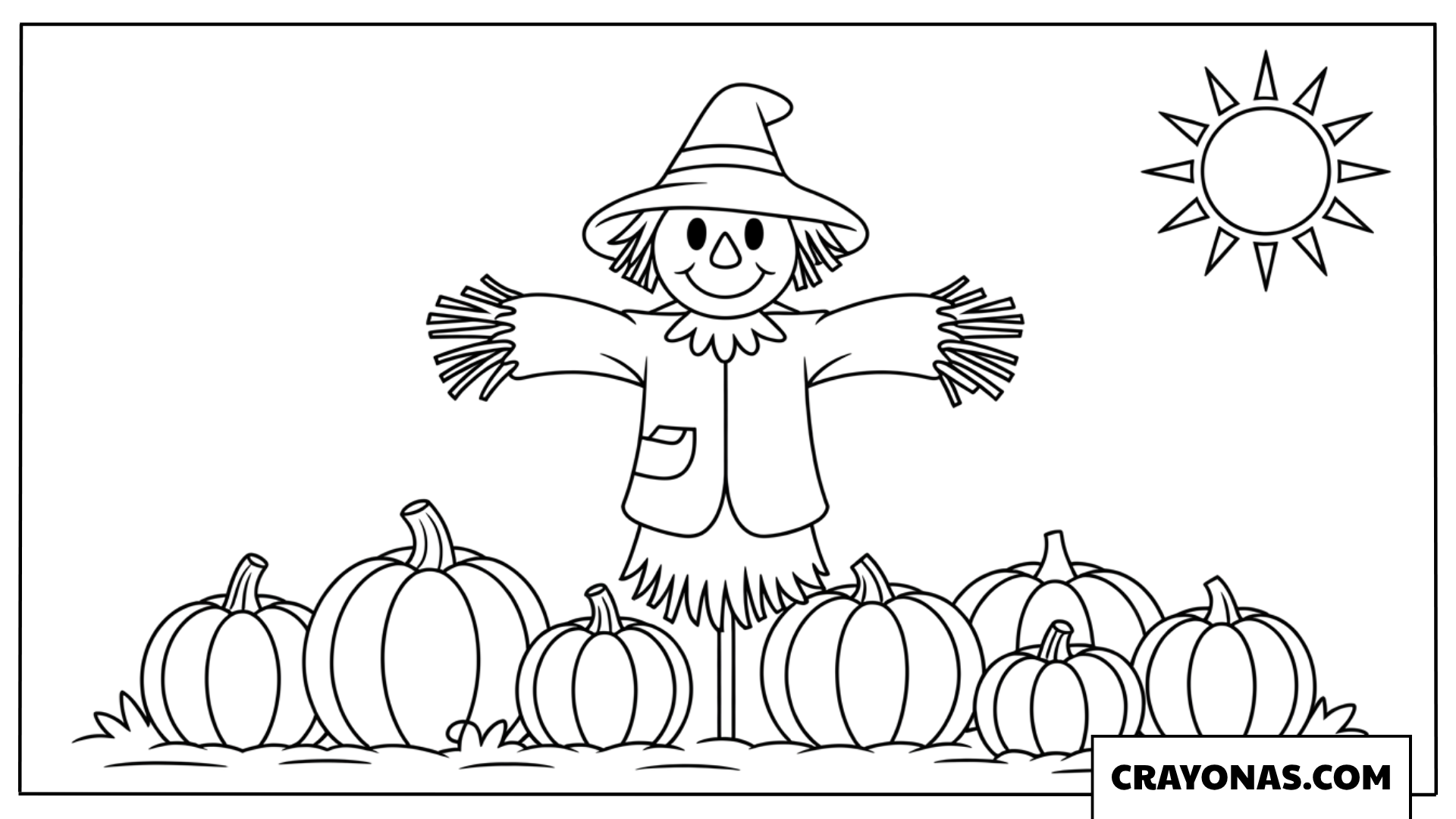 Cute Scarecrow in Pumpkin Patch Coloring Page