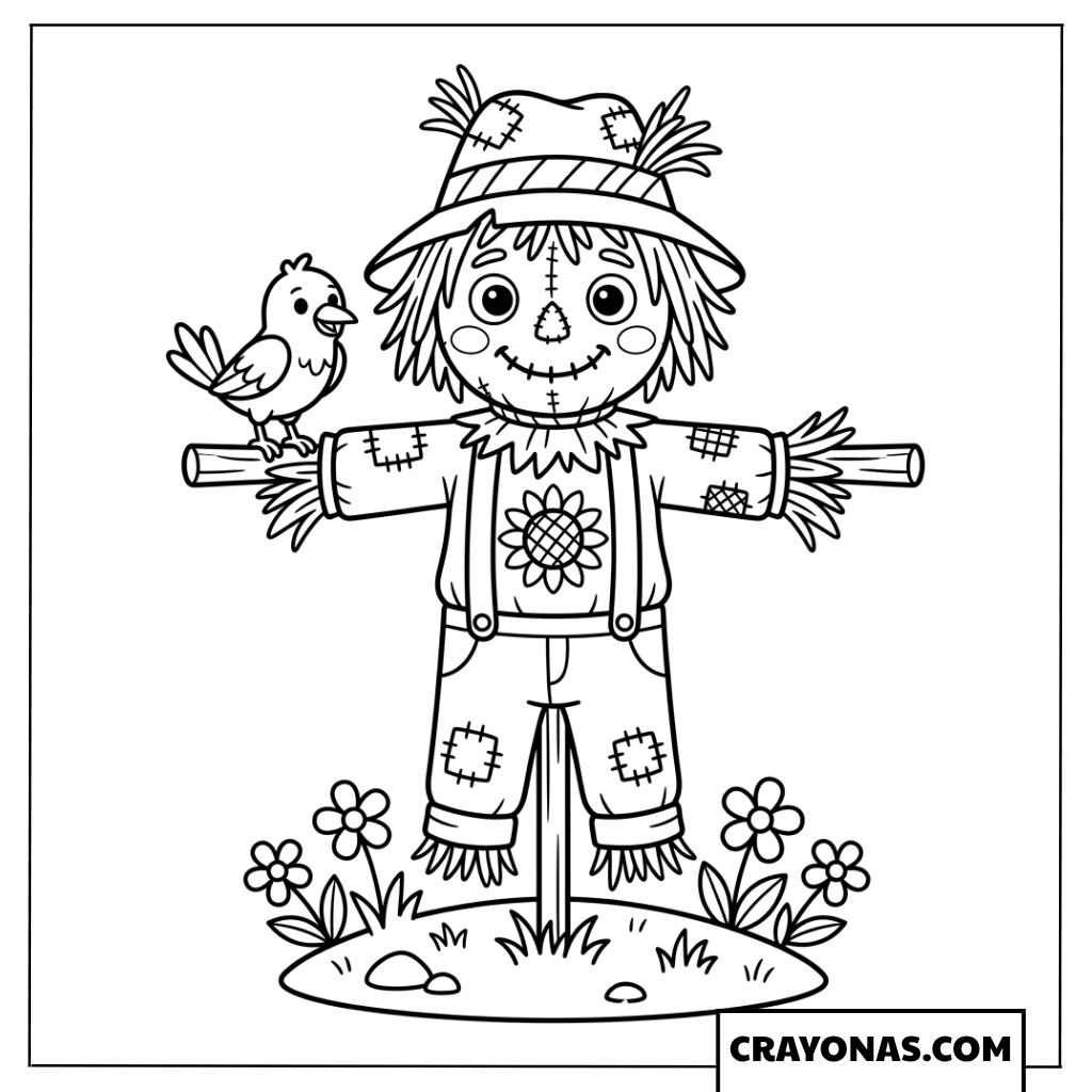 Cute Scarecrow with Bird Fall Coloring Page