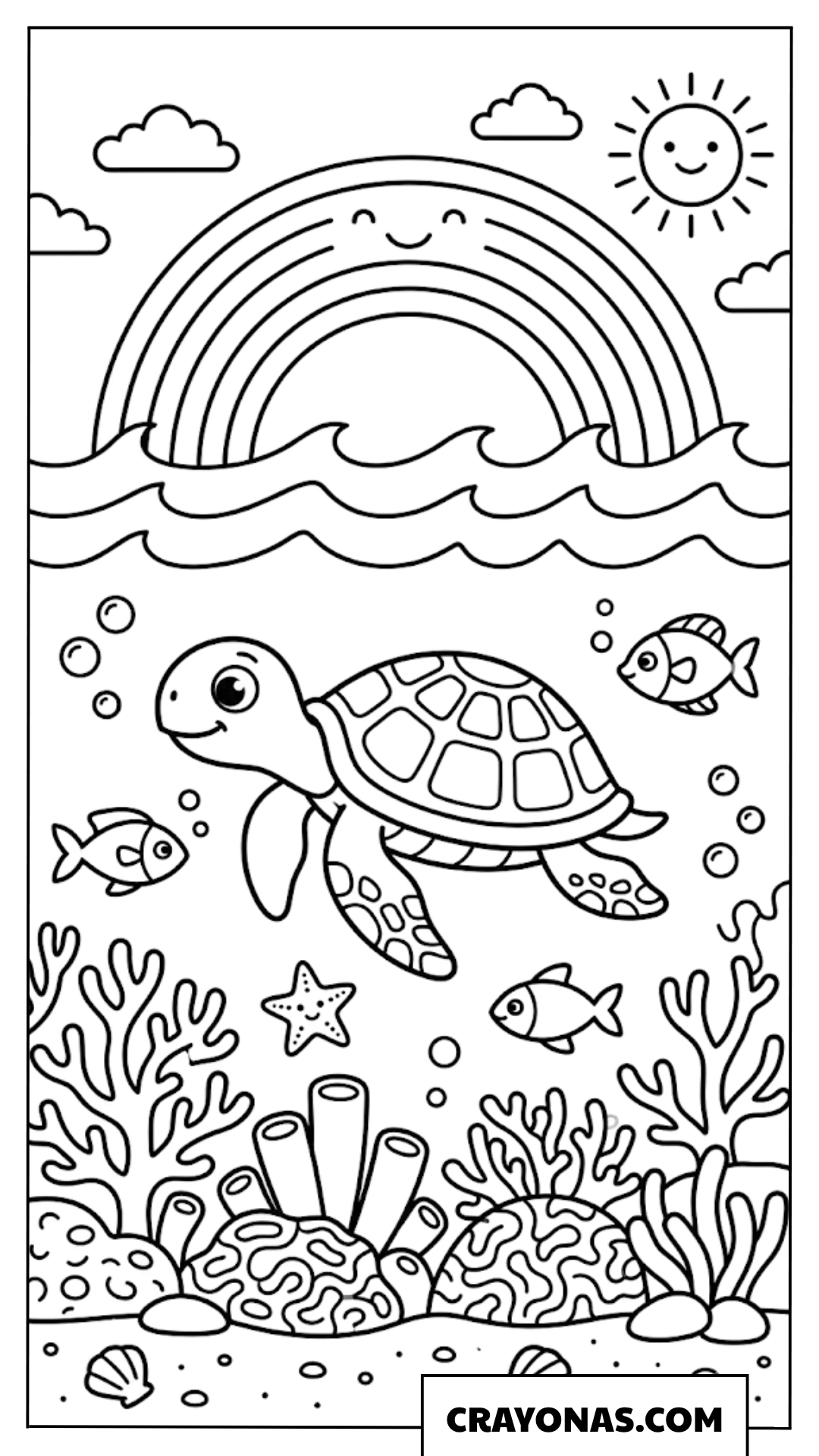 Cute Sea Turtle under Rainbow Coloring Page