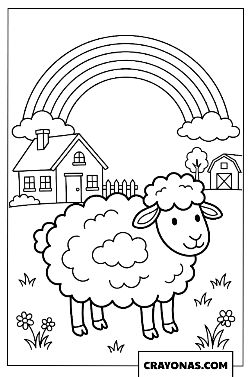 Cute Sheep under Rainbow Coloring Page