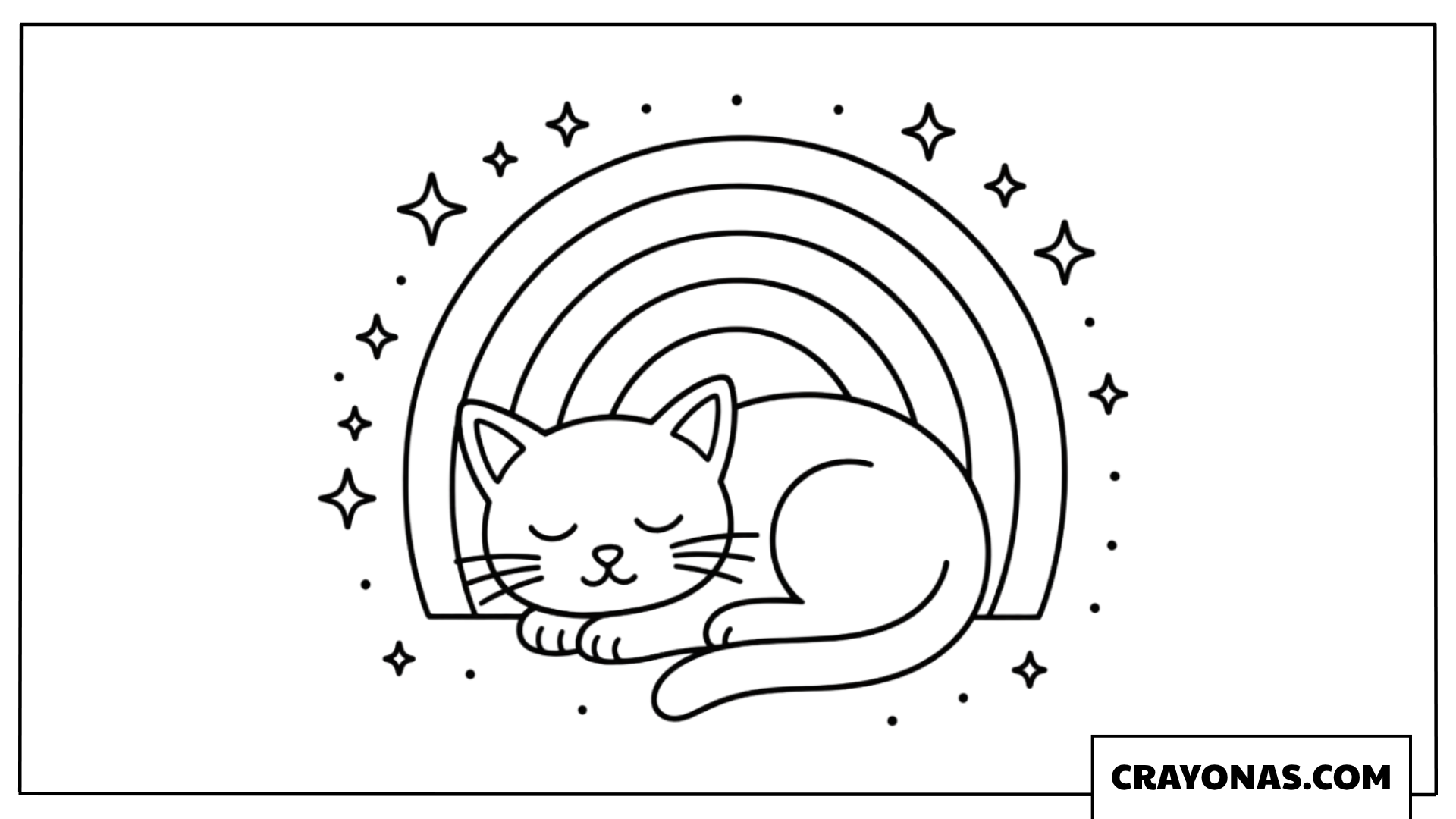 Cute Sleeping Kitten under Rainbow Coloring Page