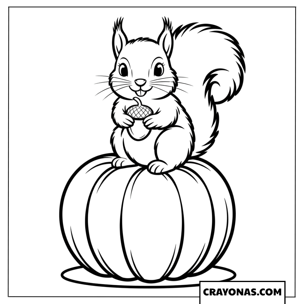 Cute Squirrel on Pumpkin Coloring Page