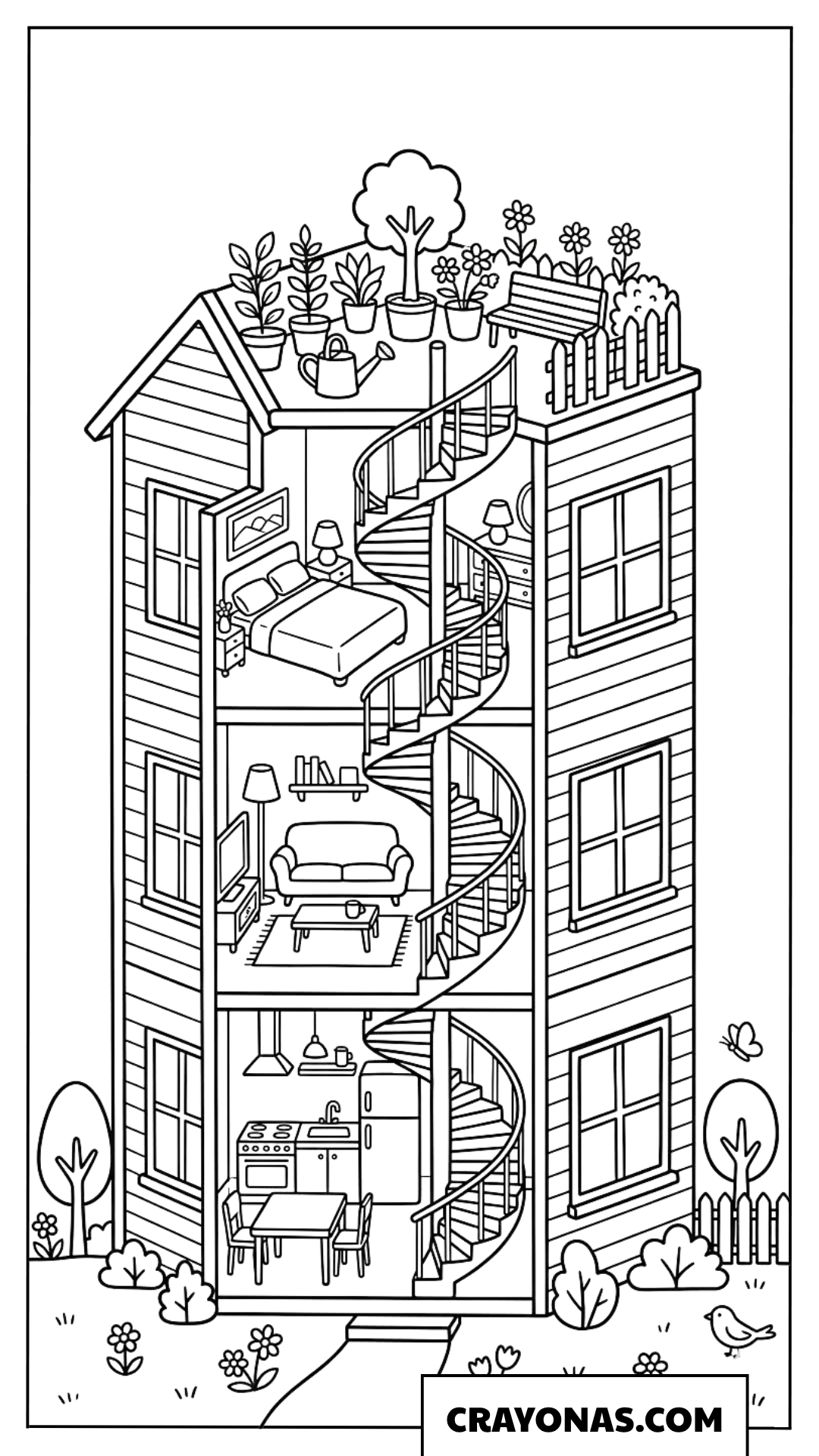 Cute Tall Dollhouse with Spiral Staircase Coloring Page
