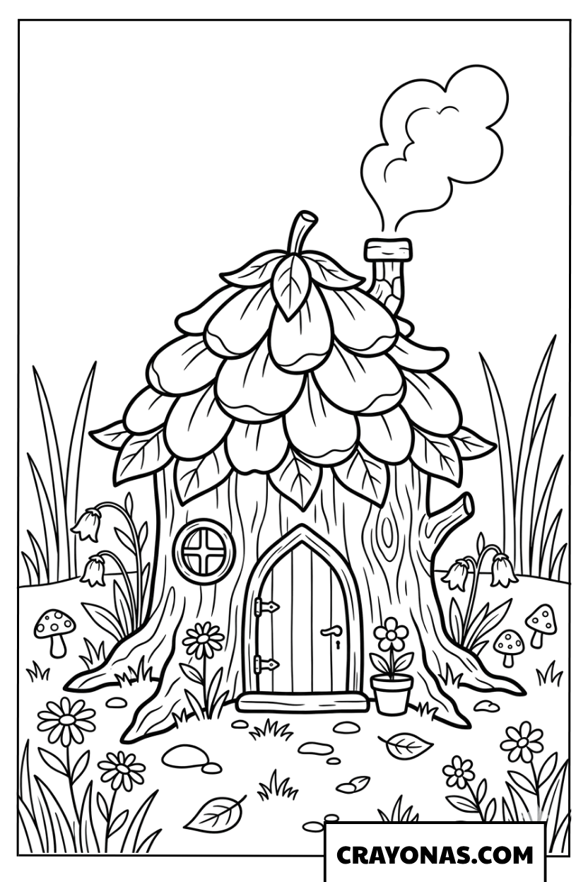 Cute Tree Stump Fairy House Coloring Page