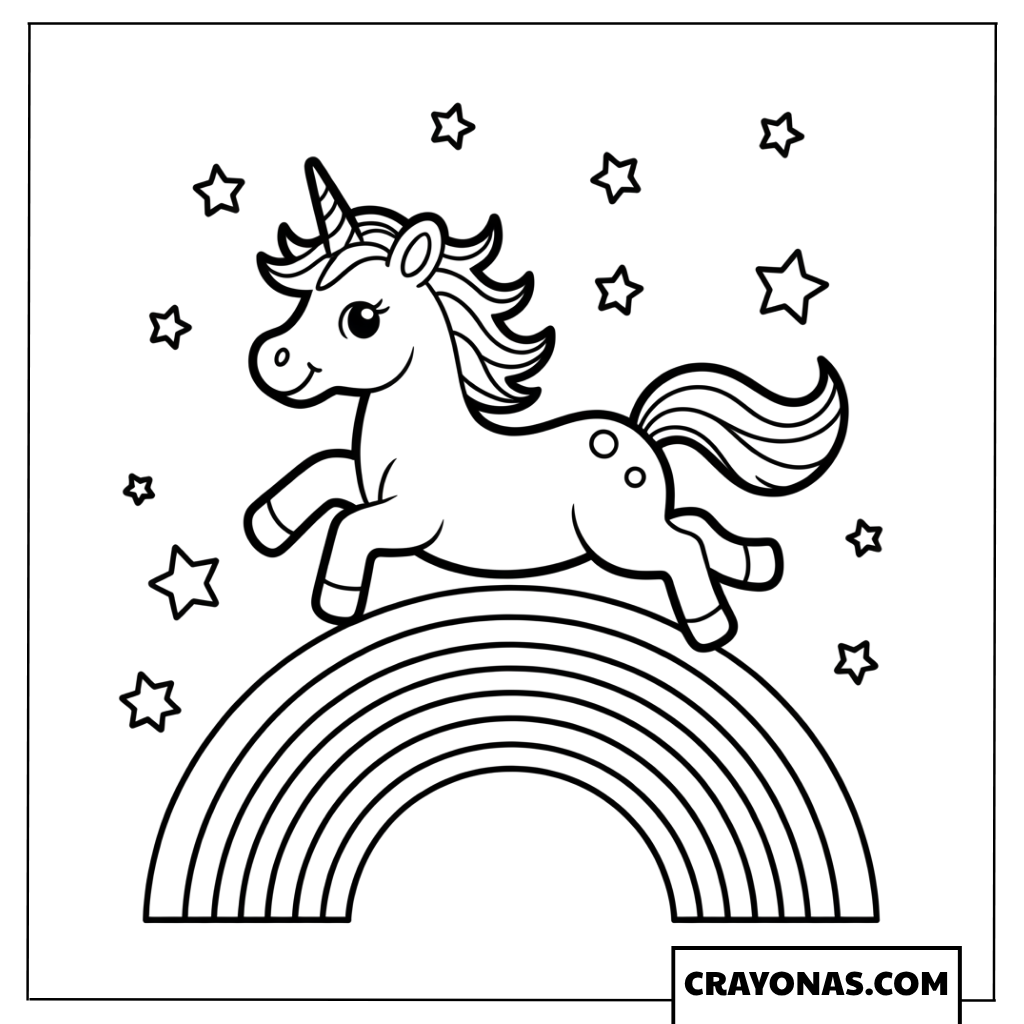 Cute Unicorn Jumping Stars Rainbow Coloring Page