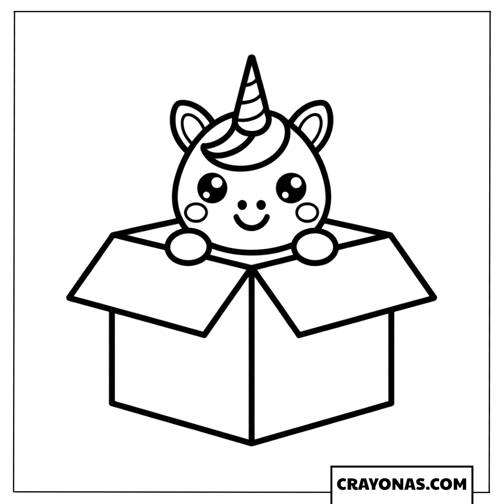 Cute Unicorn in Box Coloring Page