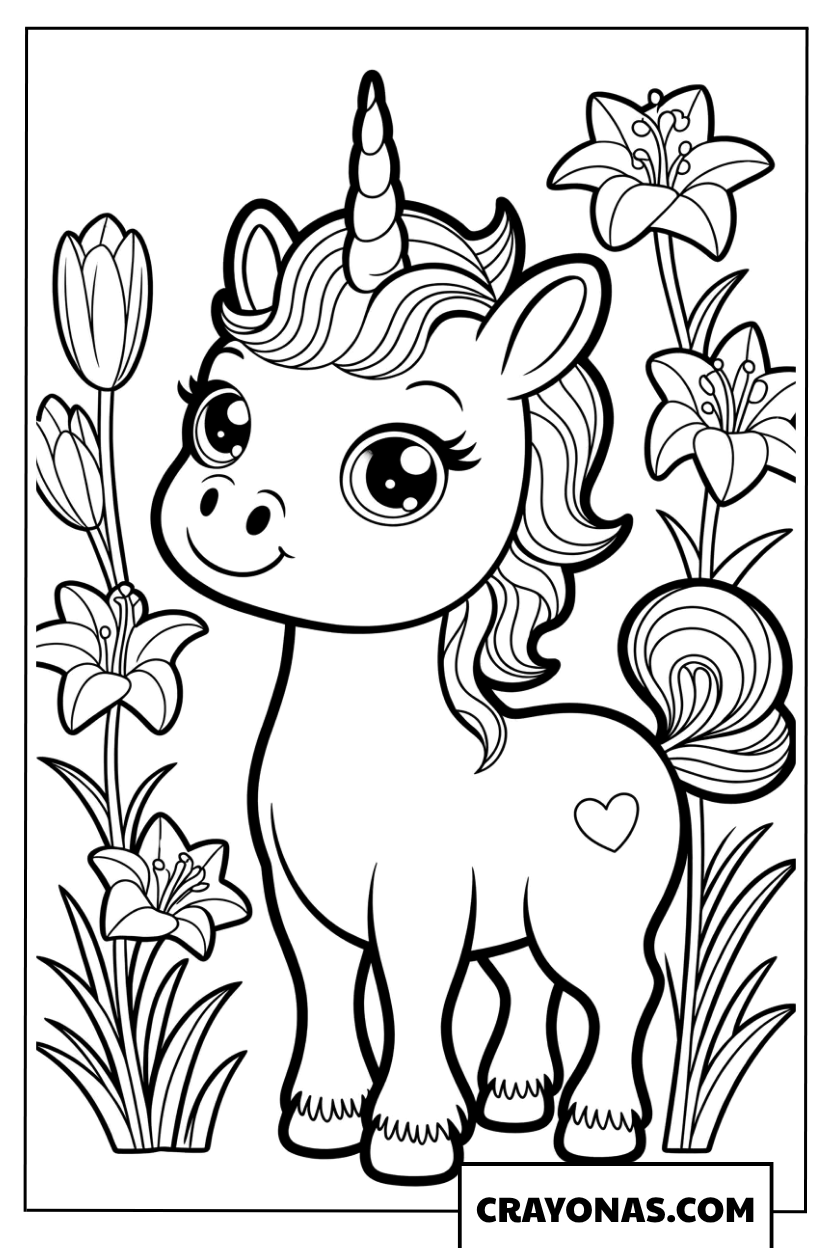 Cute Unicorn with Flowers Coloring Page