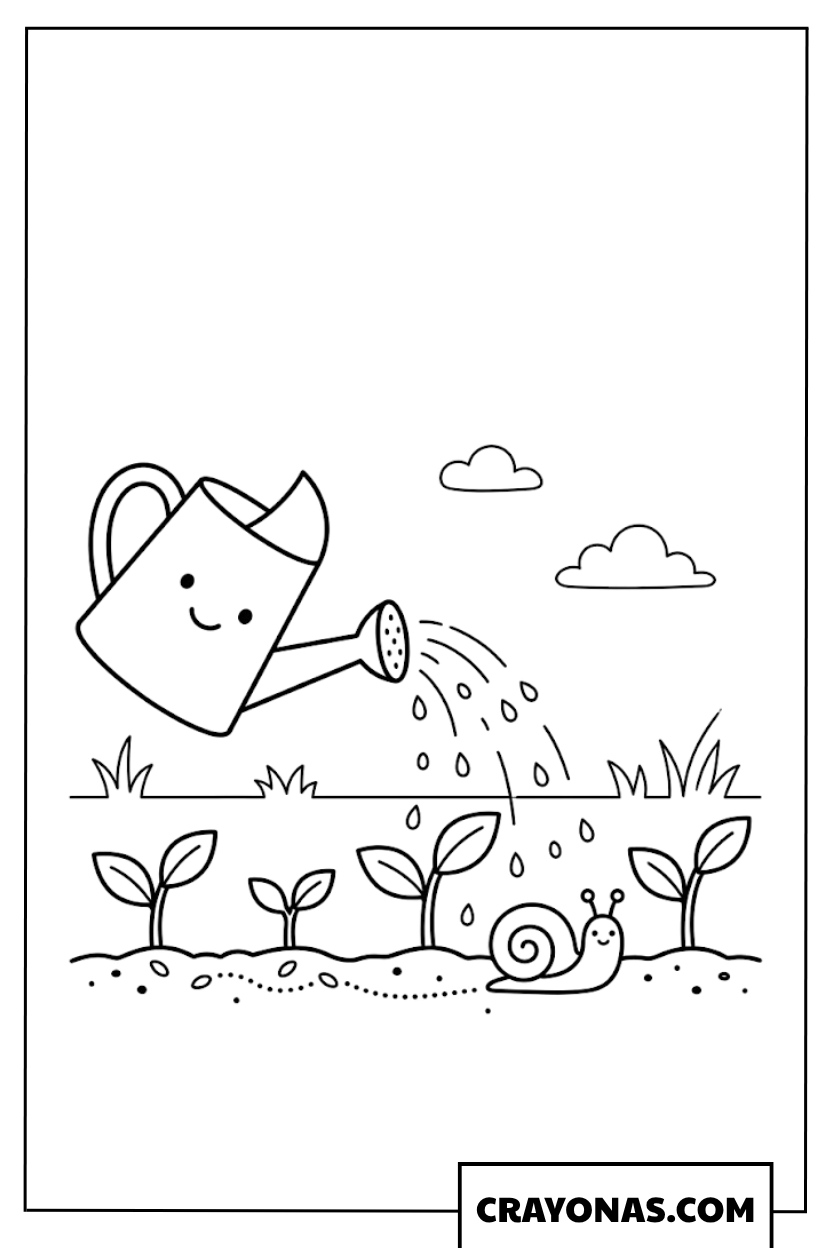 Cute Watering Can with Snail Coloring Page