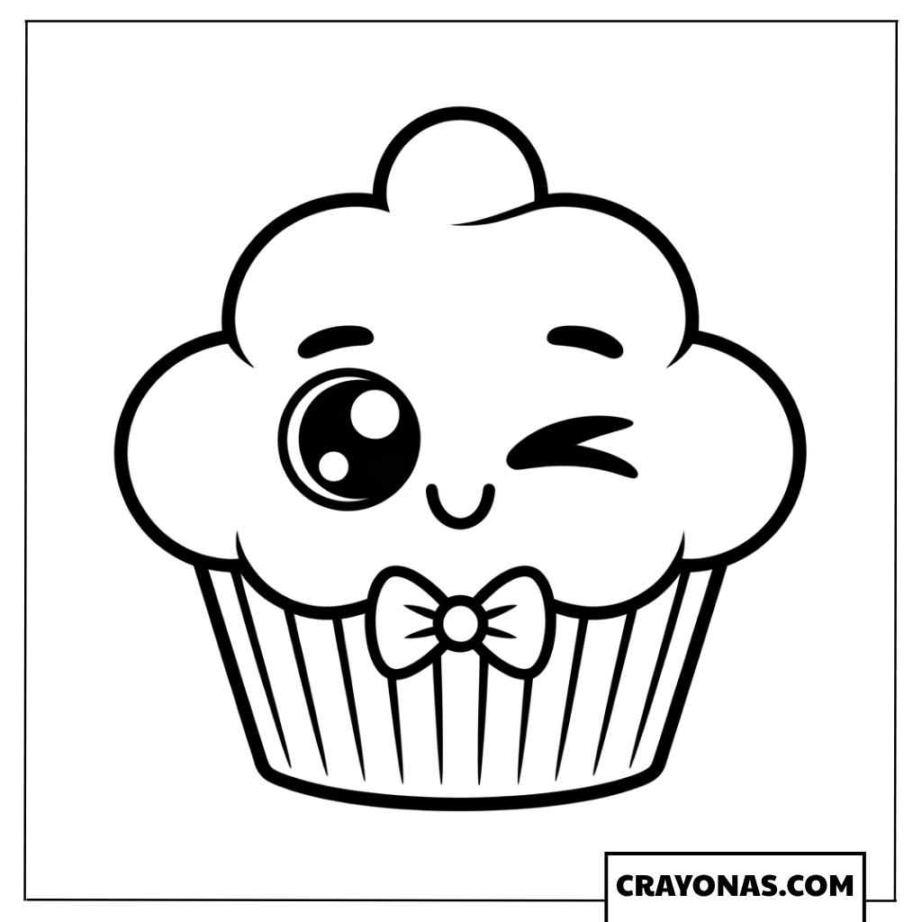 Cute Winking Kawaii Cupcake Coloring Page