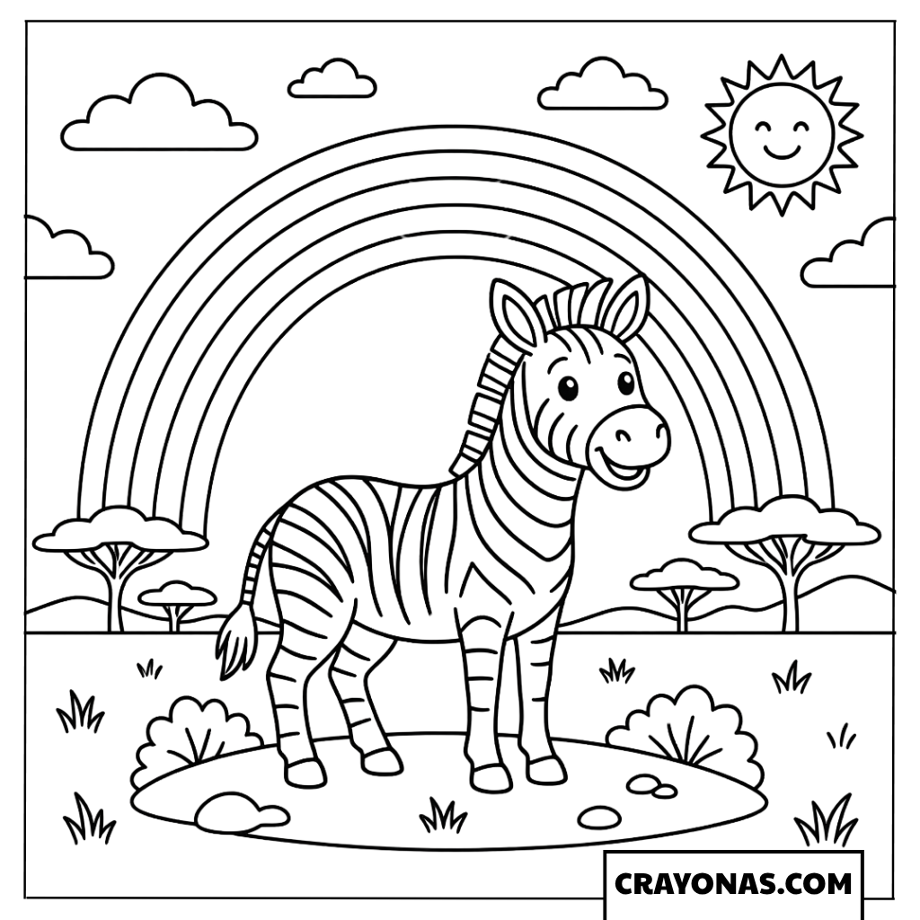 Cute Zebra under Rainbow Coloring Page