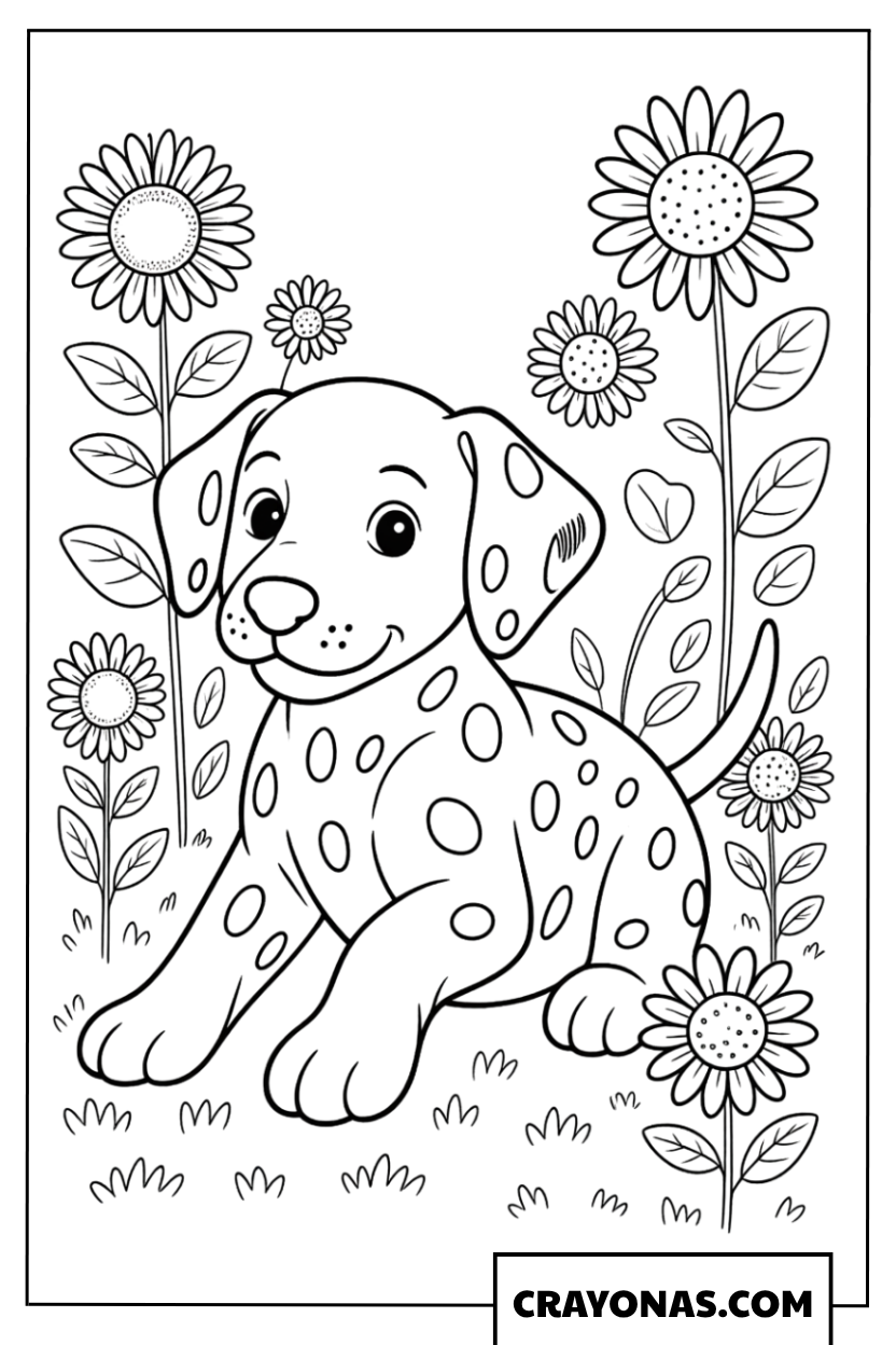 Dalmatian in Sunflower Field Coloring Page