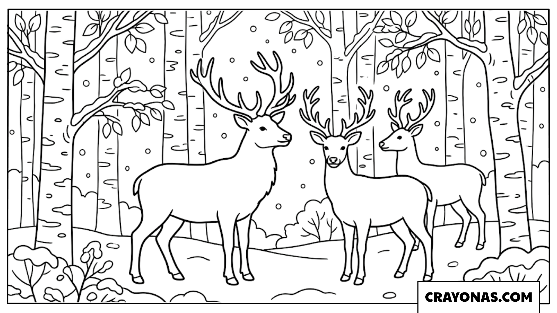 Deer Family in Snowy Forest Coloring Page