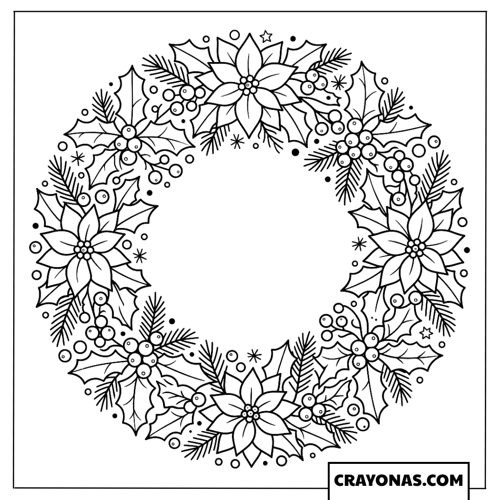 Detailed Pine and Berry Christmas Wreath Coloring Page