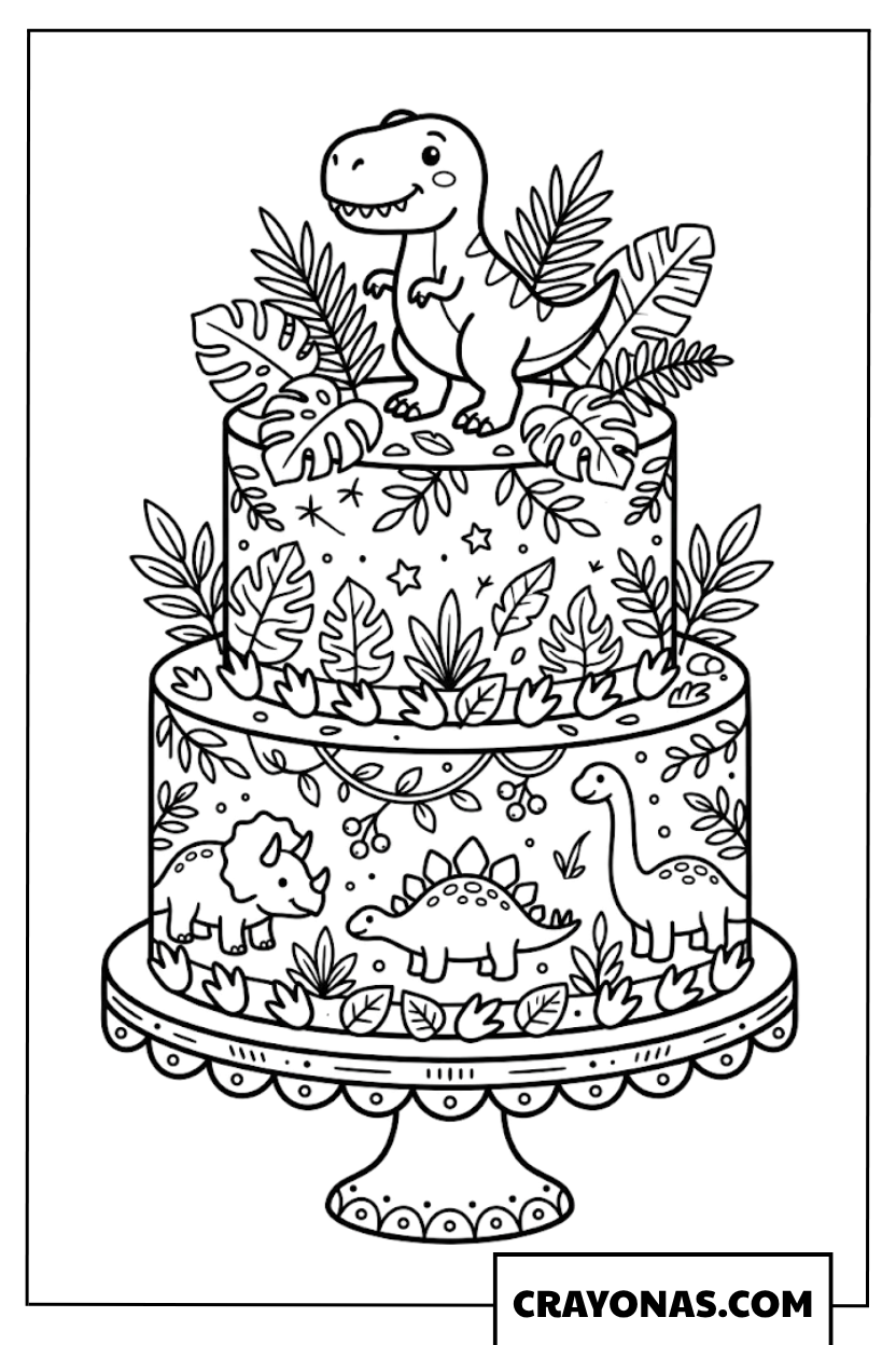 Dinosaur Birthday Cake Coloring Page