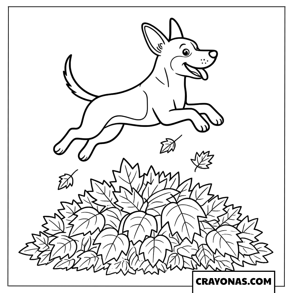Dog Jumping into Leaf Pile Fall Coloring Page