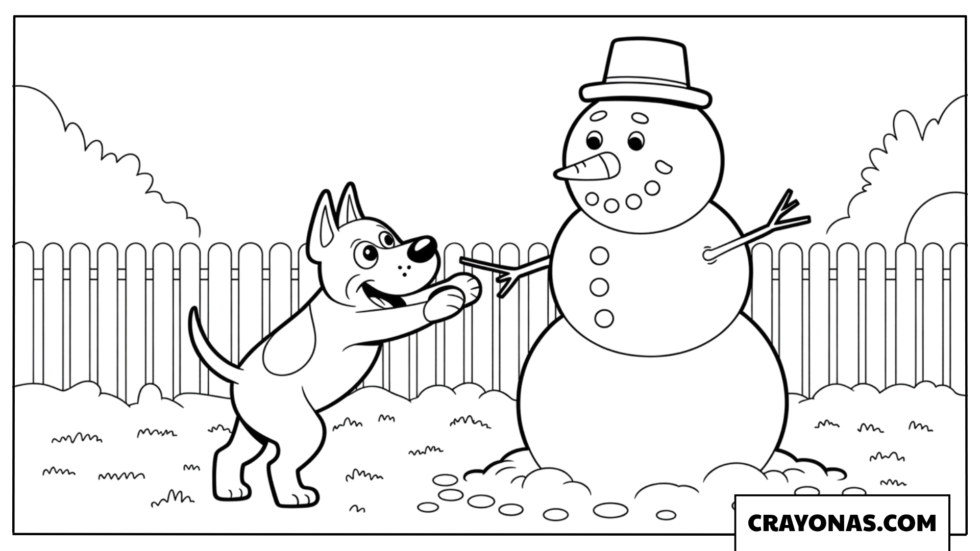 Dog Playing with Snowman Coloring Page