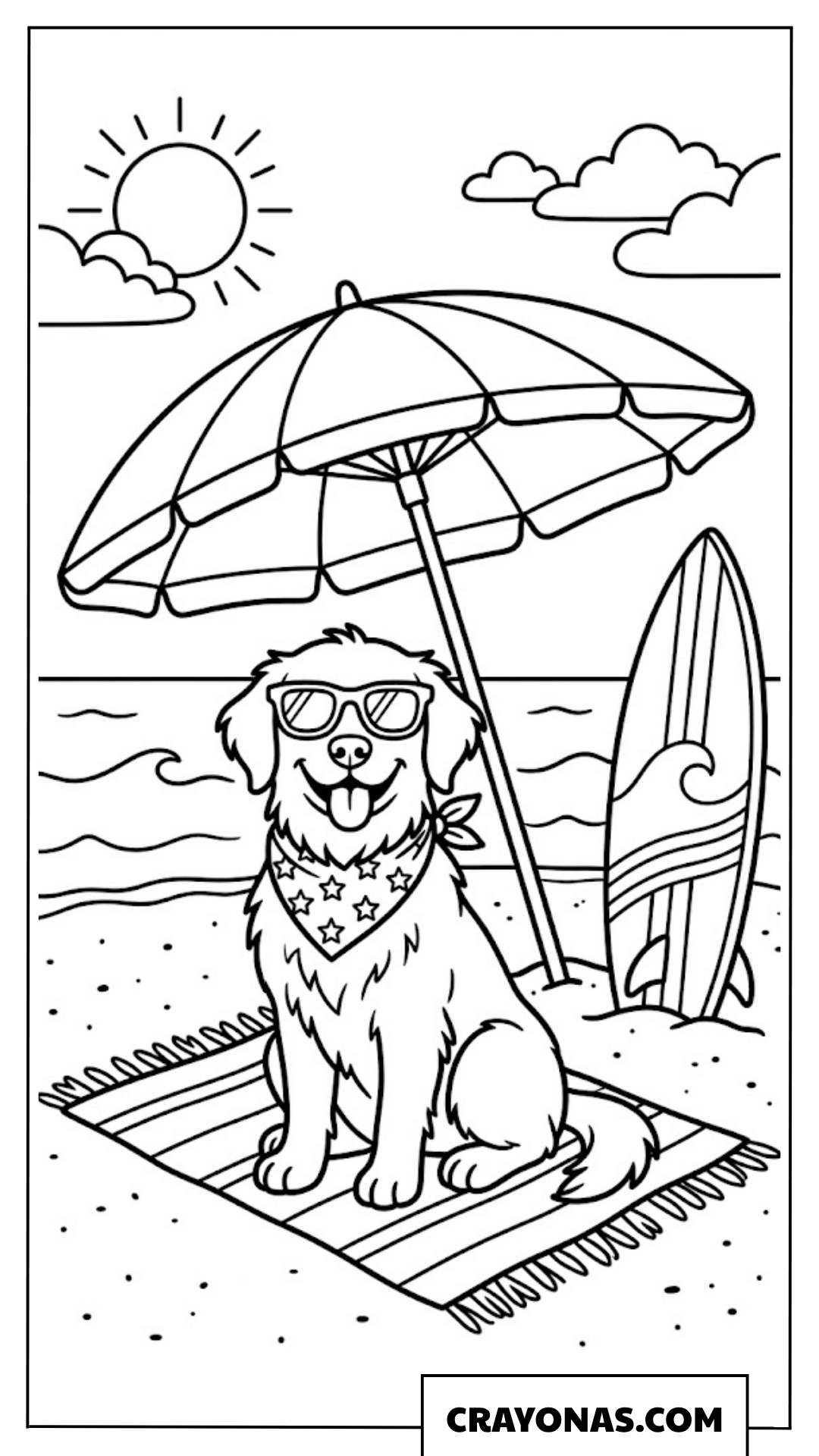 Dog at the Beach Summer Coloring Page