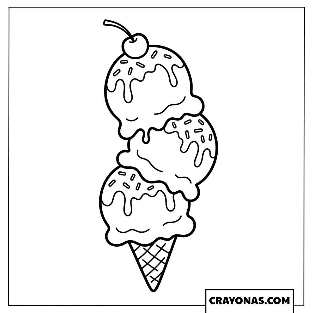 Double Scoop Ice Cream Cone with Cherry and Sprinkles Coloring Page