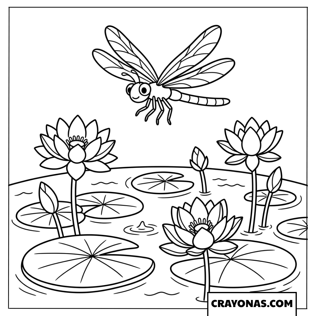 Dragonfly Over Water Lilies Coloring Page