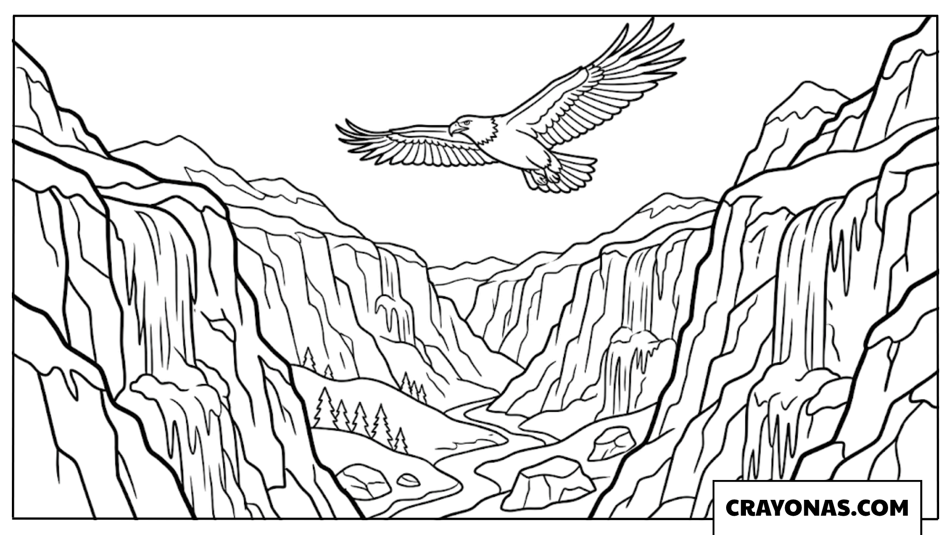 Eagle Flying Over Mountain Canyon Coloring Page