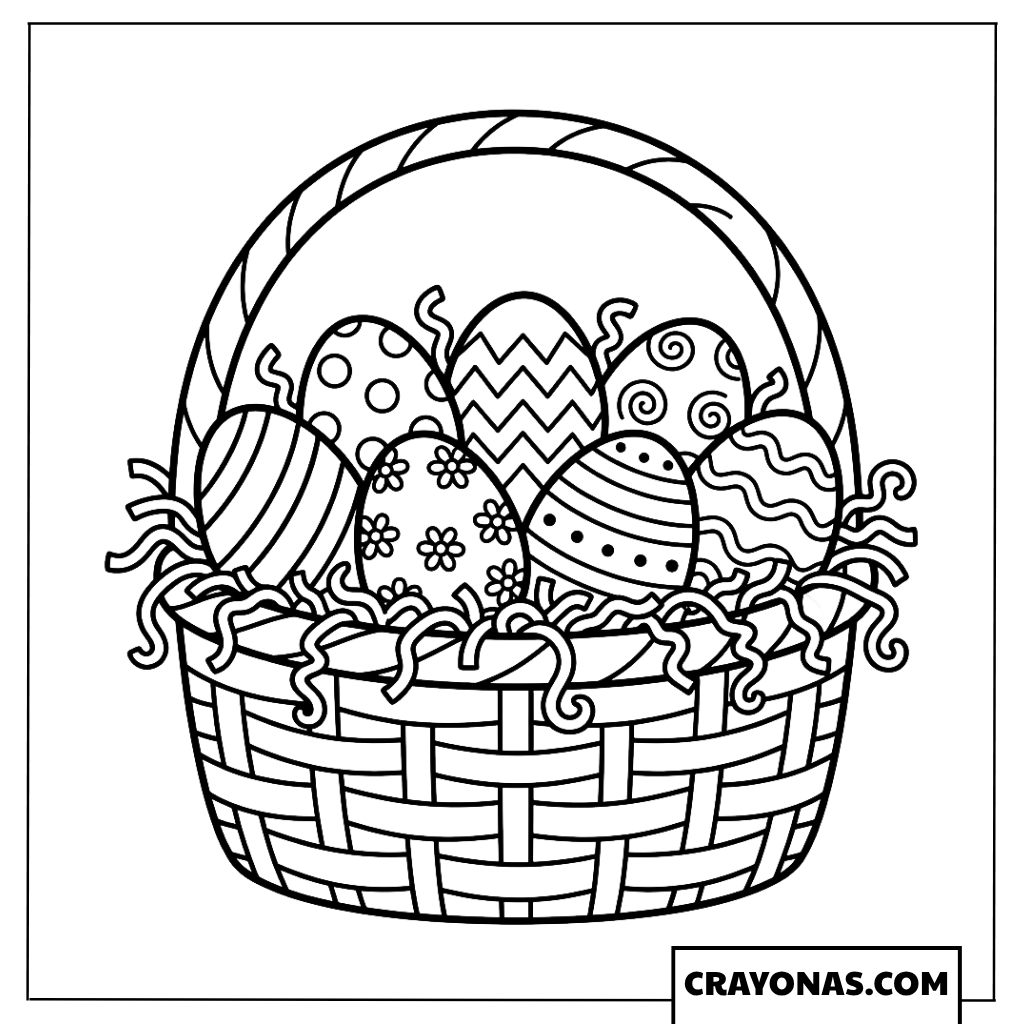 Easter Basket Filled with Patterned Eggs Coloring Page