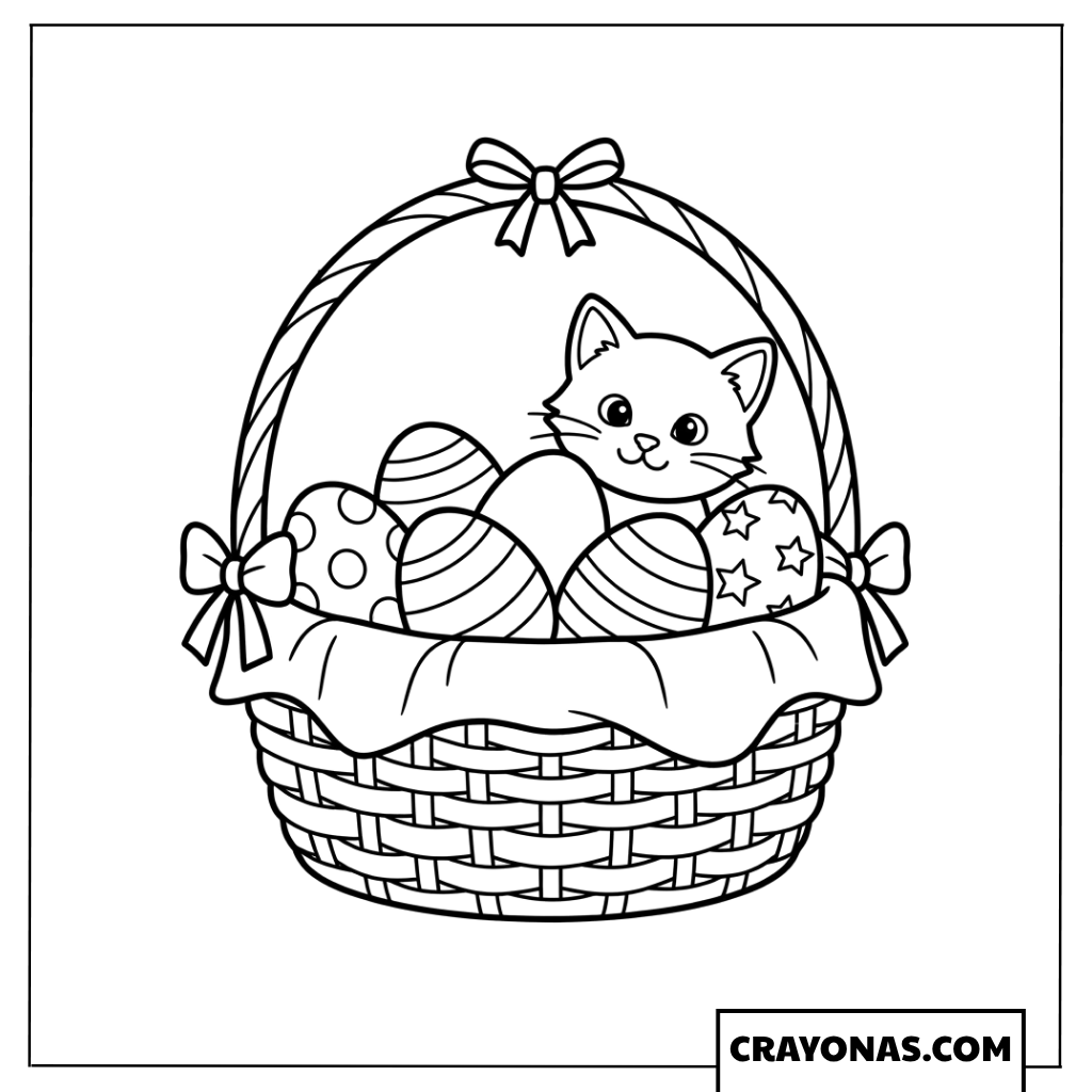 Easter Basket with Cat and Eggs Coloring Page