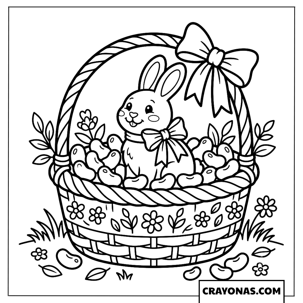Easter Basket with Flowers and Bow Coloring Page