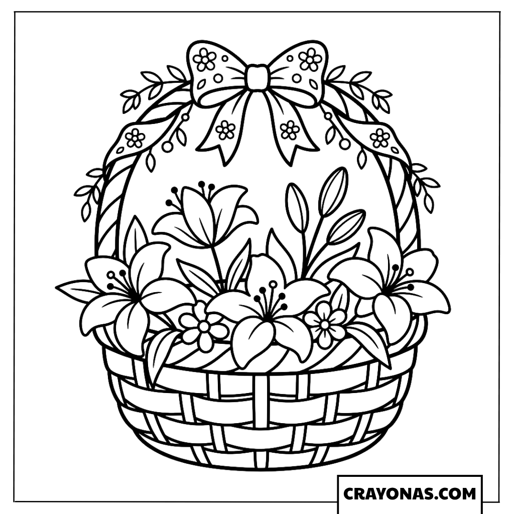 Easter Basket with Flowers and Bow Coloring Page