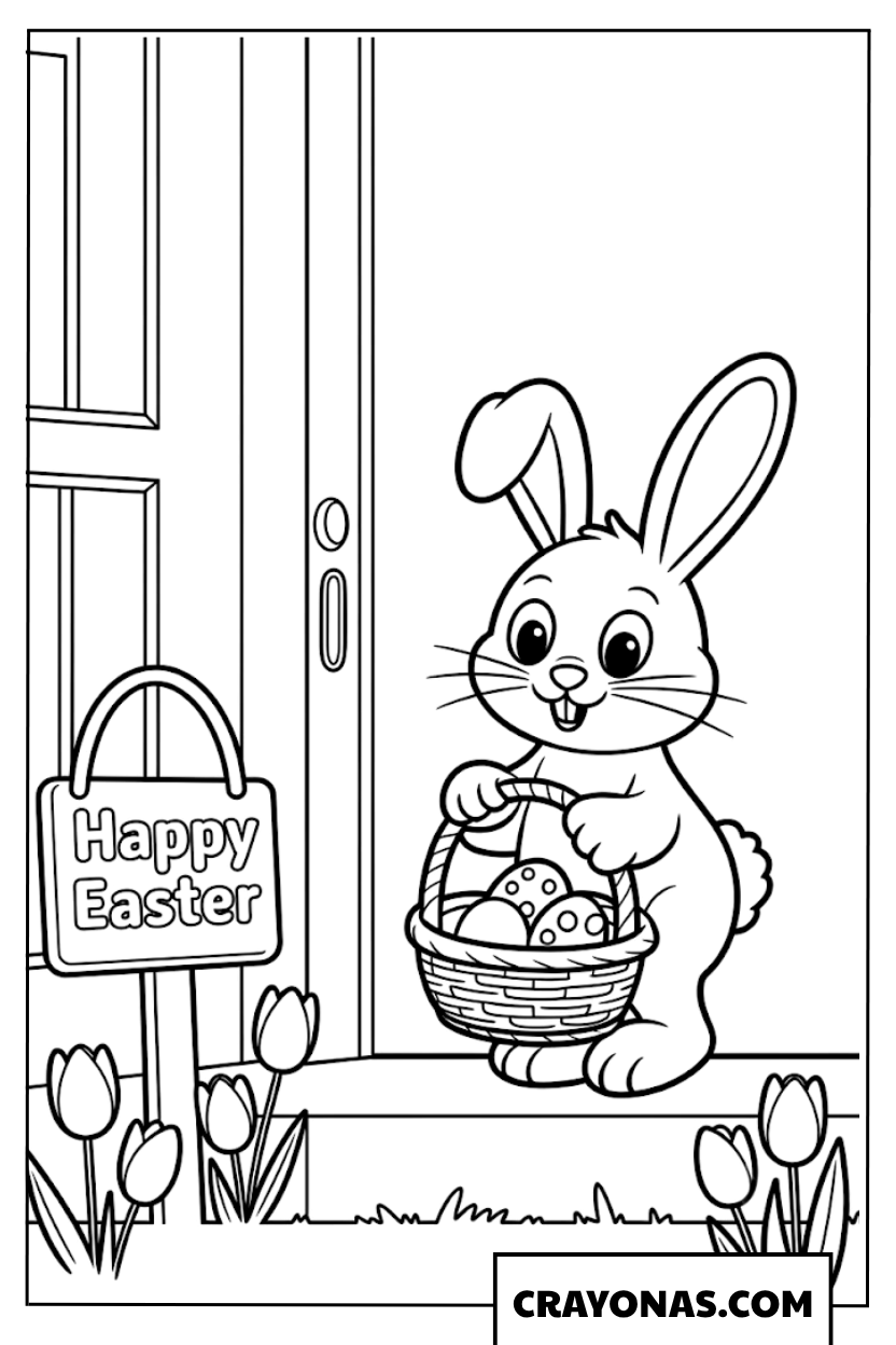 Easter Bunny Delivering Basket at Door Coloring Page