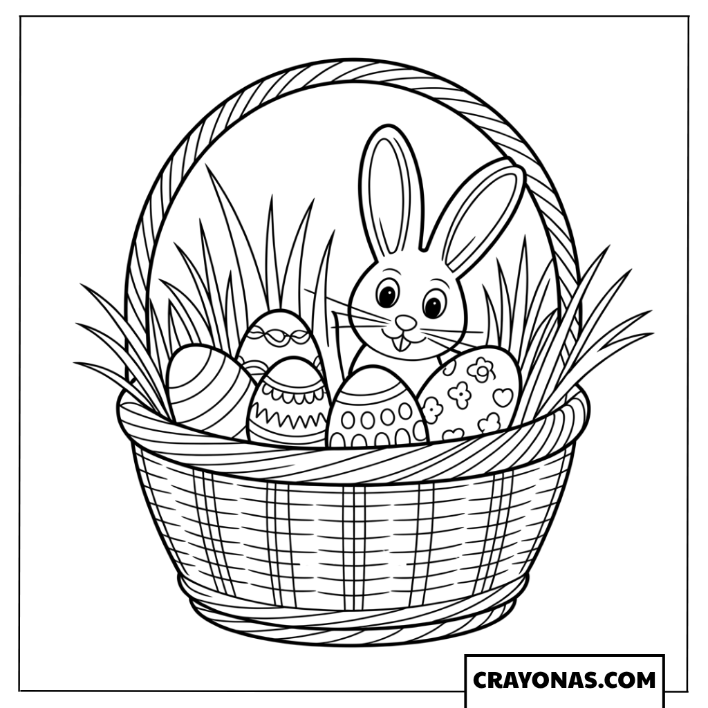 Easter Bunny in Basket with Eggs Coloring Page