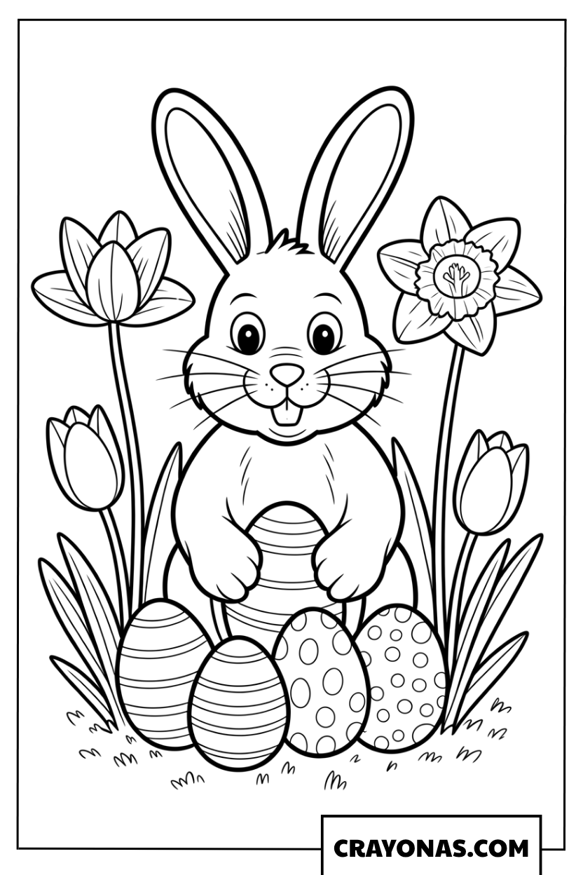 Easter Bunny with Tulips and Eggs Coloring Page