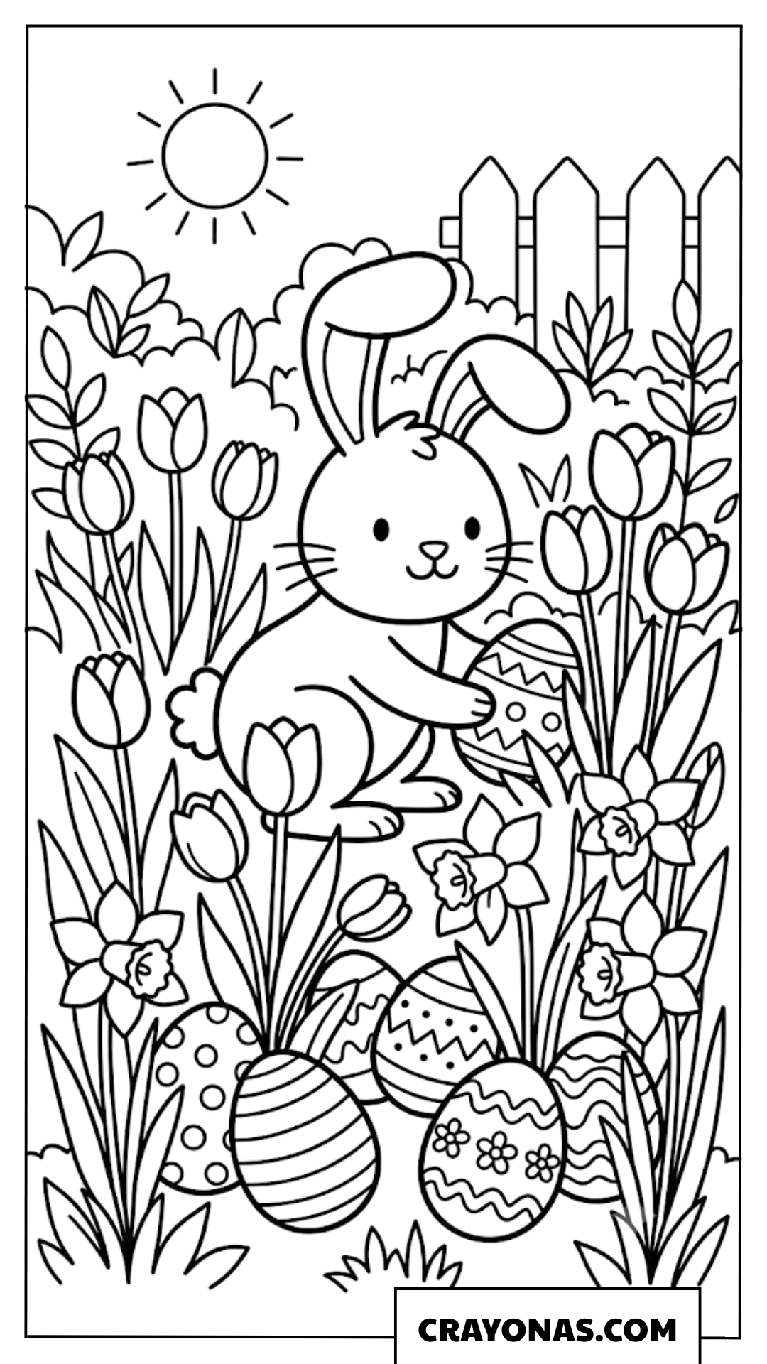 Easter Bunny with Tulips and Eggs Coloring Page