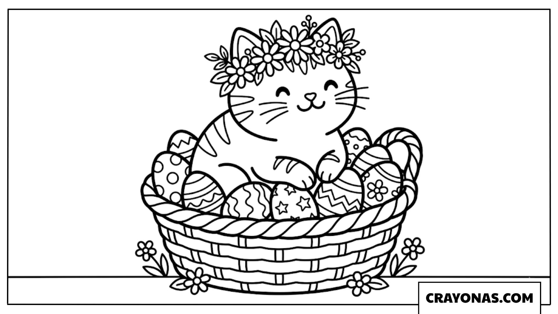 Easter Cat in Egg Basket Coloring Page