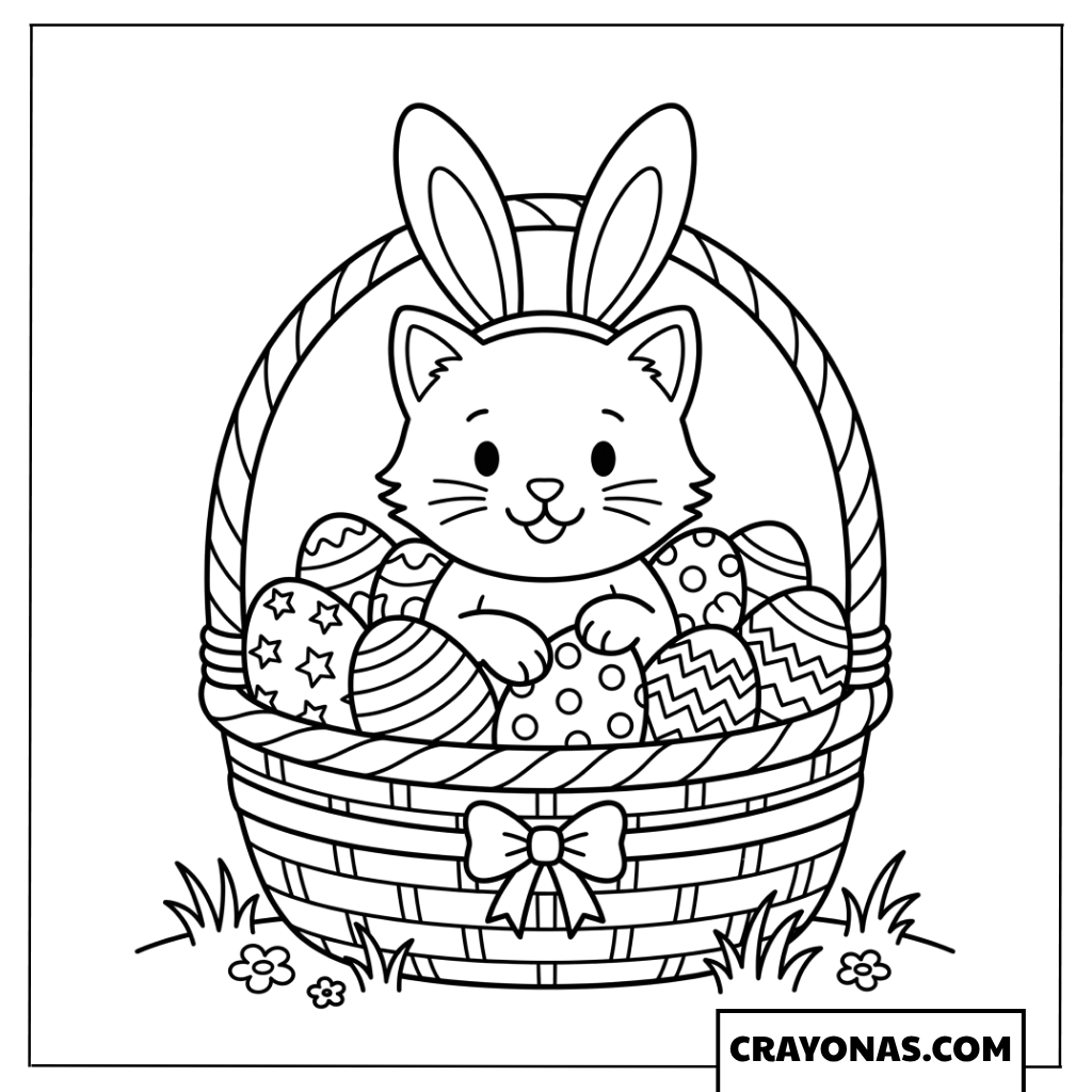 Easter Kitten in Basket Coloring Page