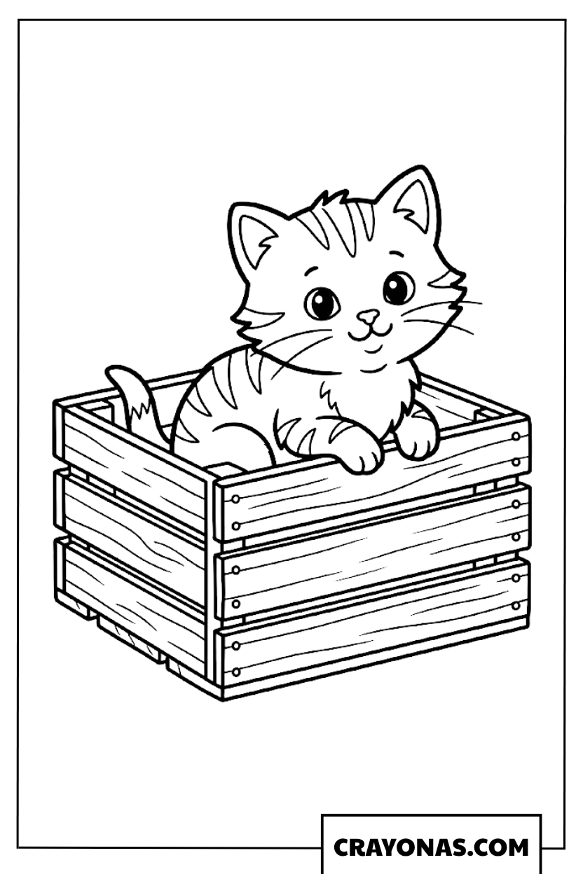 Easy Kitten in Crate Coloring Page