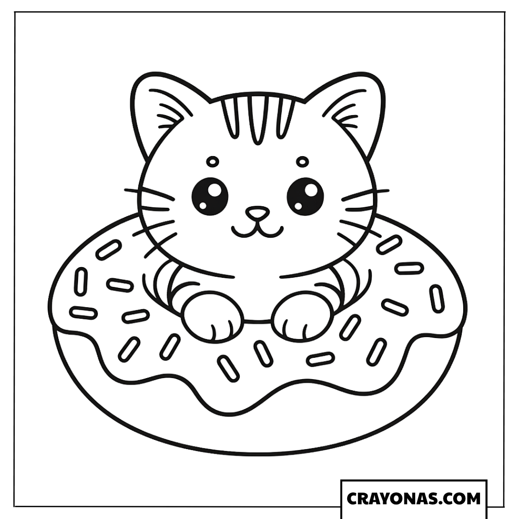Easy Kitten in Donut Float Coloring Page