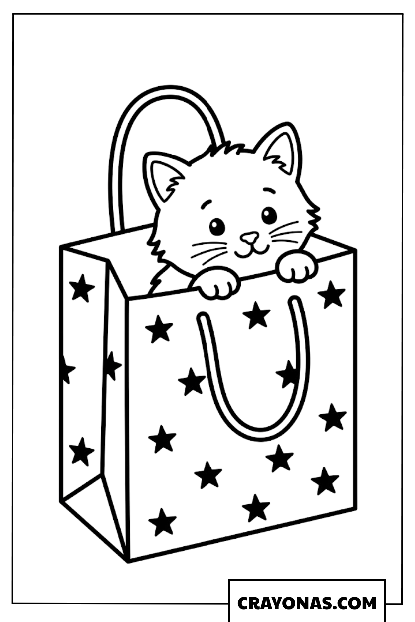 Easy Kitten in Gift Bag Coloring Page