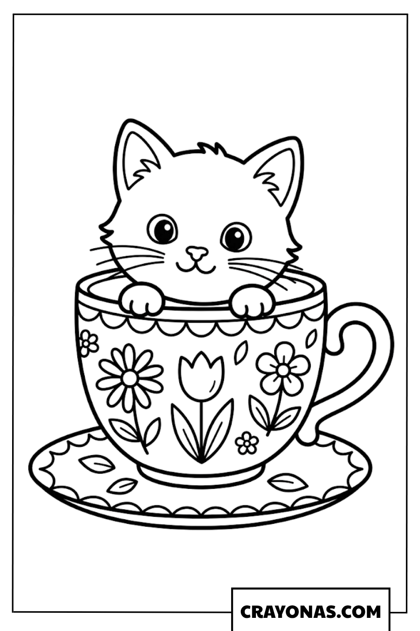 Easy Kitten in Teacup Coloring Page